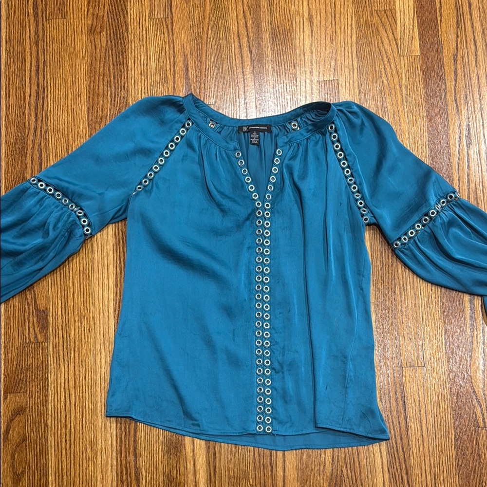 INC International Concepts Blue Embellished Blouse with 3/4 Sleeves